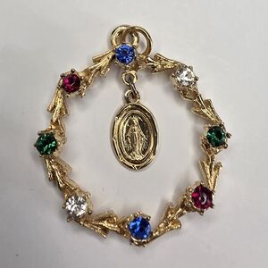 Virgin Mary Miraculous Medal With Gemstones Vintage Goldtone Pendant